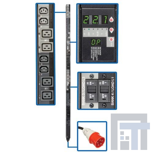 PDU3XVSR6G32A Сетевые удлинители  Tripp Lite PDU 3-Phase Switched 220V/230V 22.1kW C13 C19 IEC309 32A Red 0U