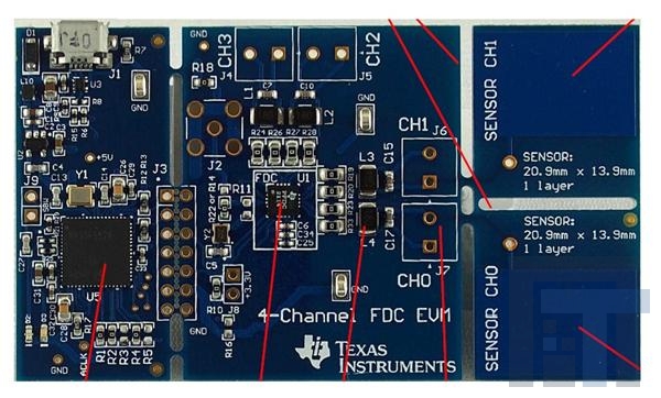 FDC2114EVM Средства разработки тактильных датчиков FDC2114 with Two Capacitive Sensors Evaluation Module